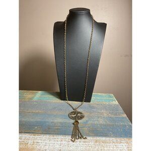 Vintage Gold-Tone Tassel Pendant Necklace With Detailed Medallion